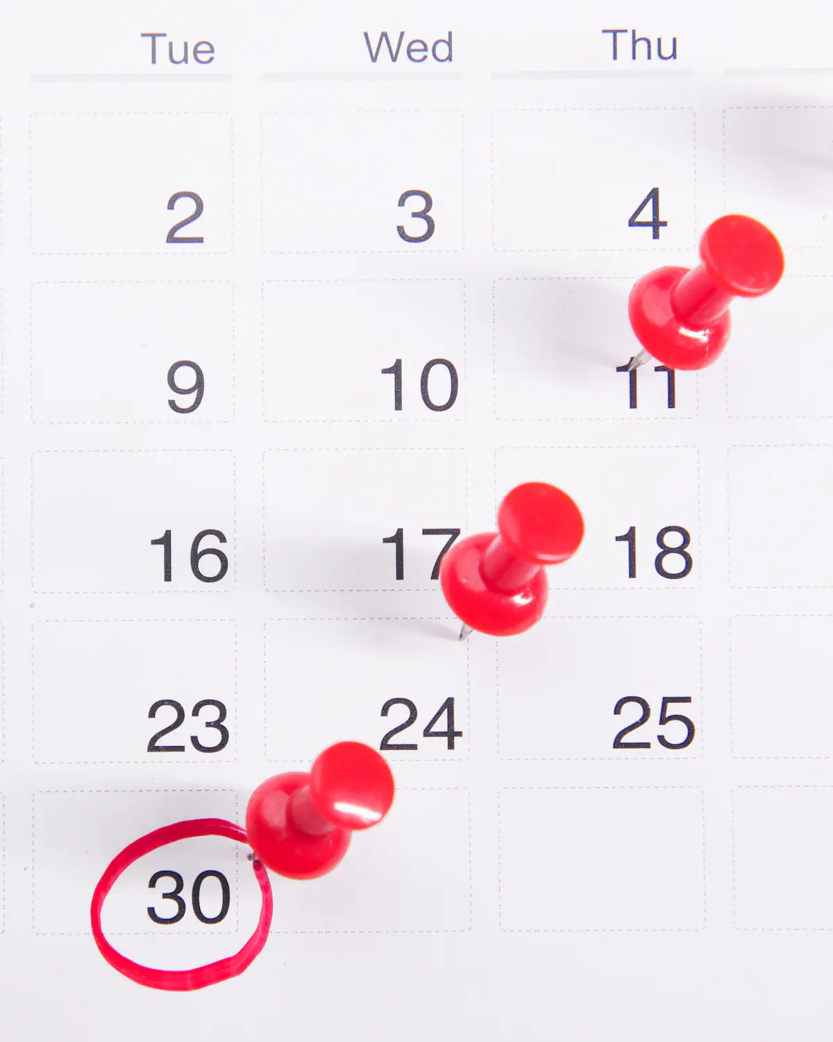 A wall calendar with appointments pinned in red